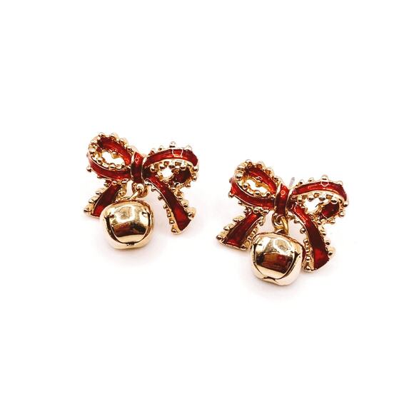 Vintage Red Enamel Bow Earrings with Dangling Bell - Picture 2 of 4